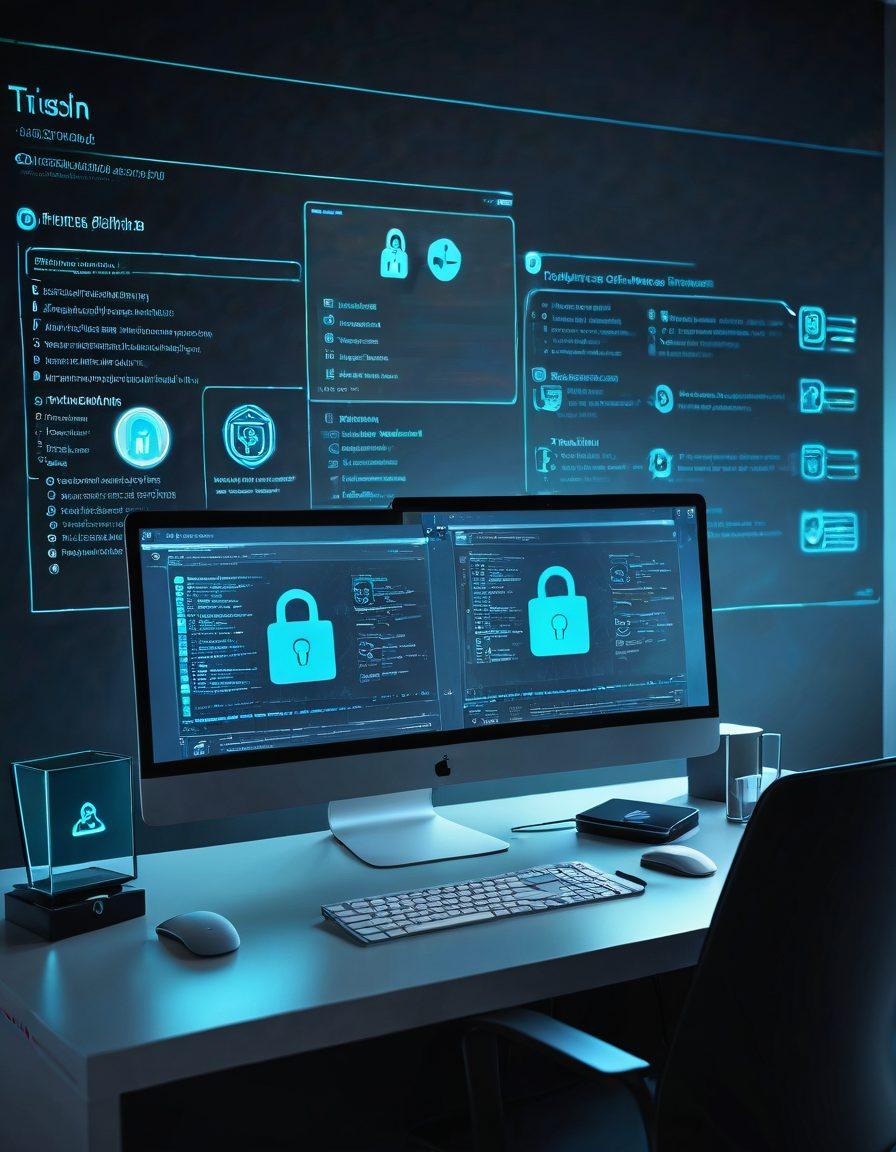 A sleek digital workspace showcasing various secure file sharing tools on a computer screen, surrounded by encrypted locks and anonymous symbols, highlighting the essence of privacy and security. Include a shadowy figure in the background to represent anonymity, with a contrasting bright light emphasizing the tools. Use cool tones to evoke a sense of trustworthiness. super-realistic. vibrant colors. 3D.